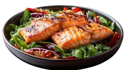 Grilled Salmon Salad: A tantalizing display of grilled salmon fillets atop a vibrant salad, the image captures the freshness and flavor of the dish.