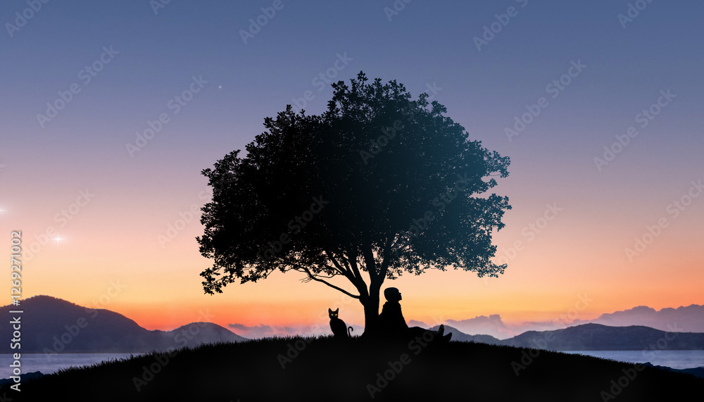 Wall mural a boy with a cat watching the stars in night sky, fantasy landscape