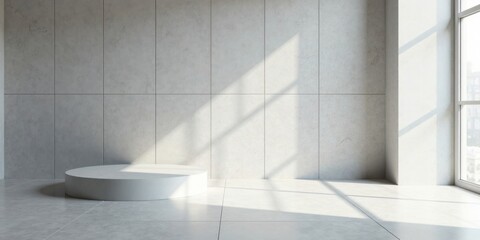 Obraz premium Minimalist interior scene featuring a sunlit, cylindrical display platform against a textured wall and large window