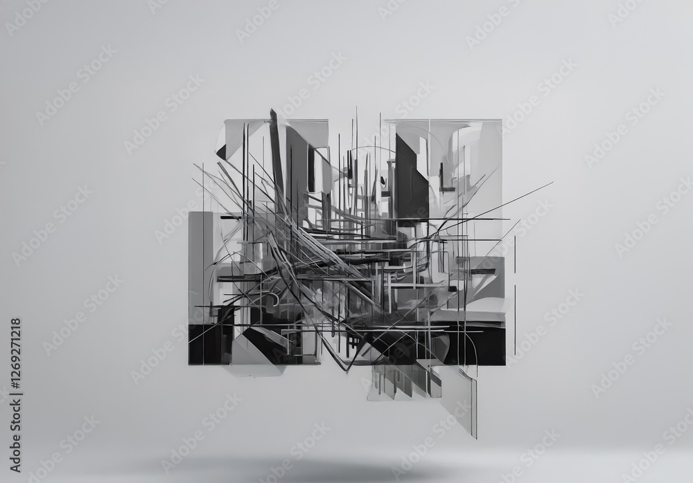 Aufkleber a complex grayscale abstract art piece showcasing a geometric structure composed of lines, shapes, a