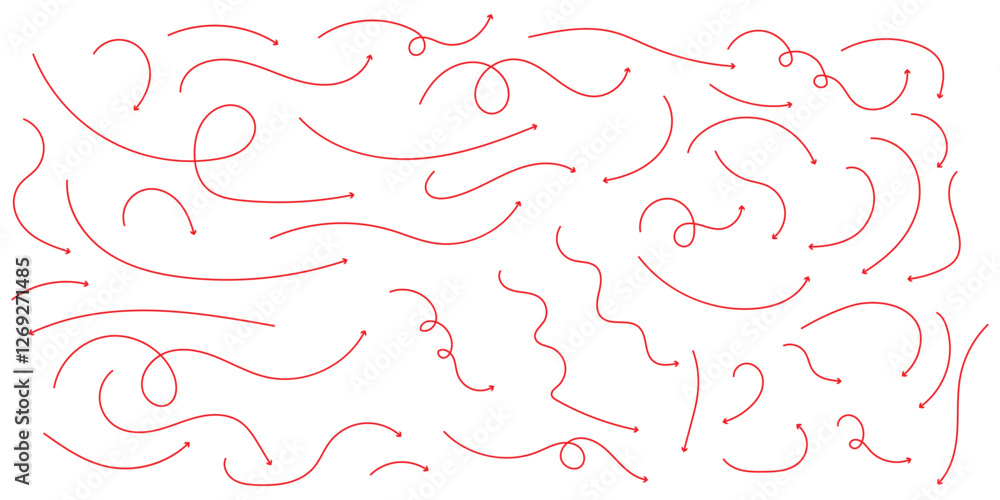 Poster set of vector curved arrows hand drawn. sketch doodle style. collection of pointers. red hand drawn 