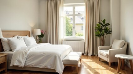 Fototapeta premium Sunlight streams into a minimalist bedroom featuring a plush bed with crisp white linens, a neutral armchair, and elegant beige curtains.
