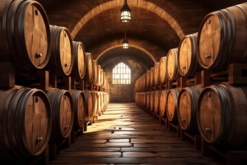 A dimly lit cellar filled with neatly stacked wooden barrels, creating a warm, rustic atmosphere.