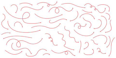 Set of vector curved arrows hand drawn. Sketch doodle style. Collection of pointers. Red hand drawn arrow icon set. Collection hand drawn arrows. Set simple curved arrows isolated on white background.