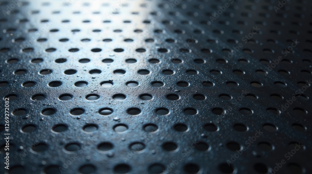 Aufkleber Dark metallic surface with a regular pattern of evenly spaced circular perforations, subtly reflecting light and displaying small water droplets.