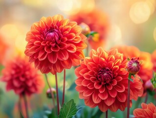 Vibrant orange dahlias bloom beautifully in a lush garden during sunny afternoon