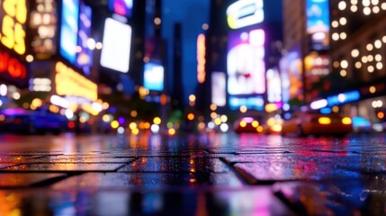 Obraz premium Rainy Night City Street Reflections, Bright Lights, Advertising