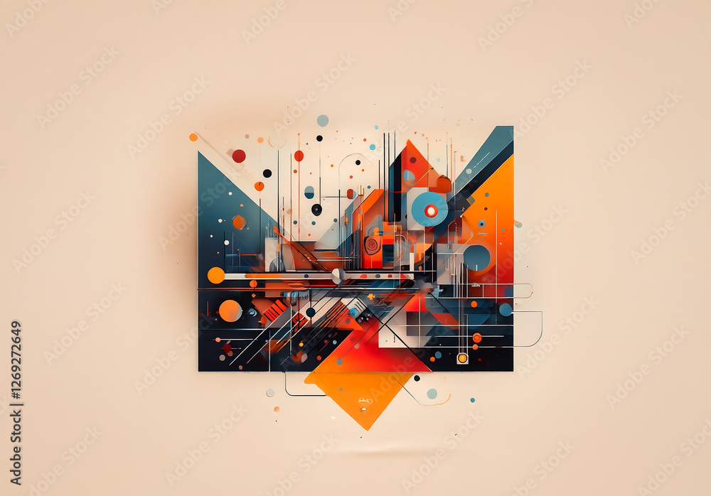 Poster Abstract digital artwork showcasing a dynamic composition of geometric shapes, lines, and circles in vibrant orange, blue, and red hues against a light backdrop. Modern and artistic design.