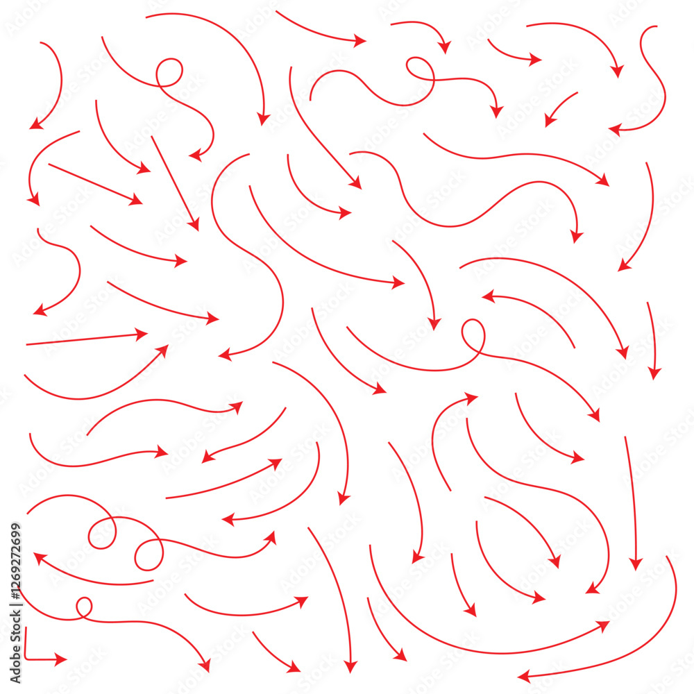 Poster hand drawn thin line arrows set. many vector curvy and wavy arrows isolated on white background. set