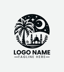 Mosque and Palm Tree Logo Design, Islamic Oasis Logo, Desert Mosque Logo