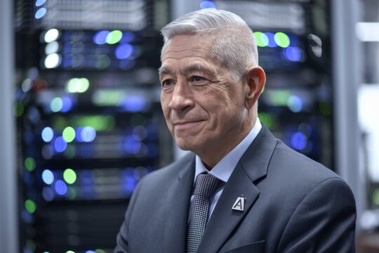 Confident Older Asian Businessman in a Suit in a High-Tech Server Room with Blue Lighting - Professional Leadership Corporate Marketing IT Solutions - Powered by Adobe