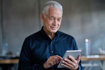 Obraz premium Smiling Older Caucasian Man Using Tablet in Modern Office - Promoting Digital Literacy and Technology Engagement for Seniors