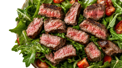 Gourmet Steak Salad: A delectable close-up showcases a gourmet steak salad, featuring succulent, perfectly cooked steak slices atop a bed of vibrant, fresh greens and cherry tomatoes.