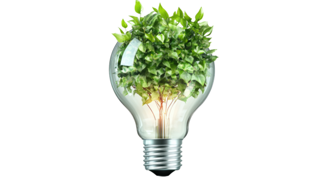 Eco-Innovation: A light bulb, symbolizing ideas, is reimagined with vibrant plant life inside, conveying environmental consciousness and the fusion of nature and innovation. 