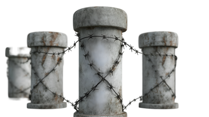 Grey Concrete Fence Rustic Barbed Wire Barrier, Old Metal Wall Design, isolated on transparent background.