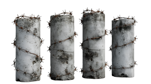 Concrete Pillars with Barbed Wire Industrial Fence, Rusty Grey Metal for Security, isolated on transparent background.