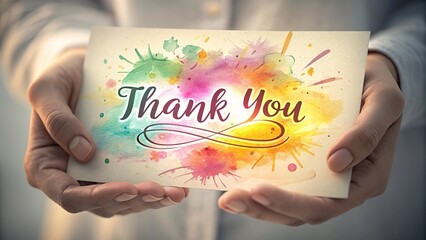 Close-up hands presenting thank you card with heartfelt gratitude.