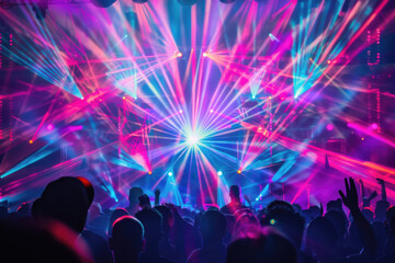 Obraz premium Colorful laser lights dazzle the beach music festival, creating a mesmerizing backdrop for epic disco tunes and an unforgettable night.
