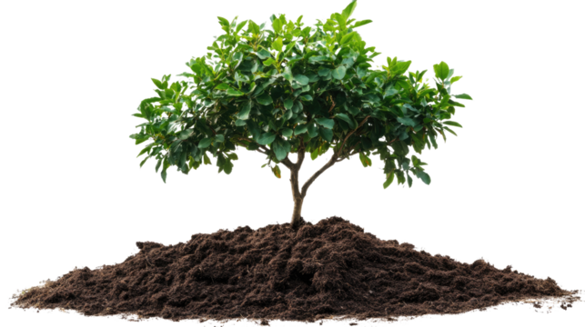   Growing Green: A thriving young tree flourishes in a mound of fertile soil, its vibrant green leaves reaching towards the light. 