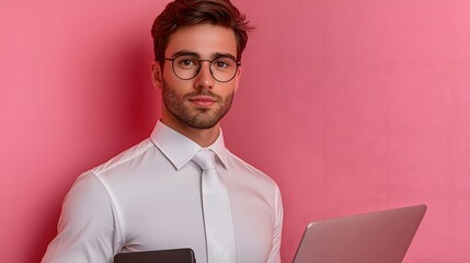 Professional man working with laptop and tablet in modern office setting against pink background capturing focused expression and tech savvy vibe for business and lifestyle context