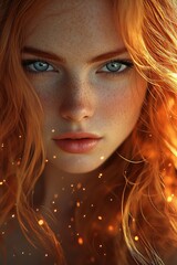 A young woman with vibrant red hair and captivating blue eyes gazes intently. Her skin is dotted with freckles, and glowing particles add a warm ambiance to the surroundings.