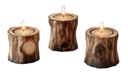 Candlelight in the Woods: Captivating rustic candle holders crafted from reclaimed wood, with gentle flames dancing within, casting a warm, inviting glow, reminiscent of a cozy woodland setting.