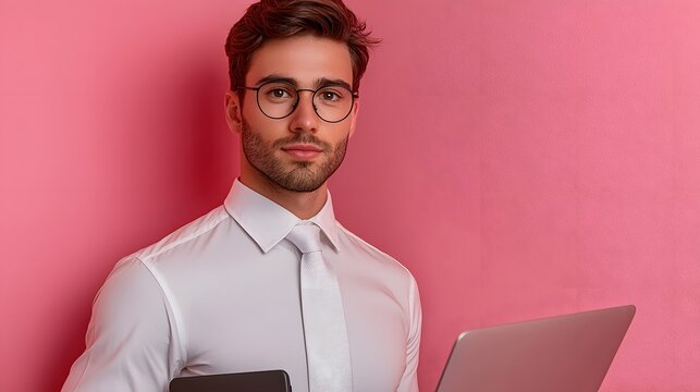 Professional man working with laptop and tablet in modern office setting against pink background capturing focused expression and tech savvy vibe for business and lifestyle context