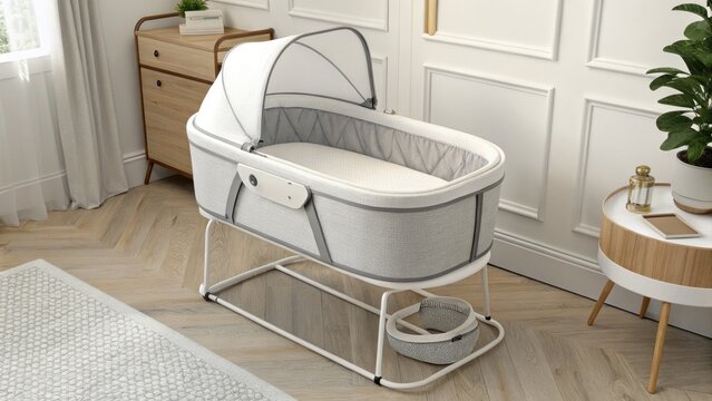 AI-assisted cribs and childcare. Stylish baby bassinet in a modern nursery setting with natural light and decor elements.