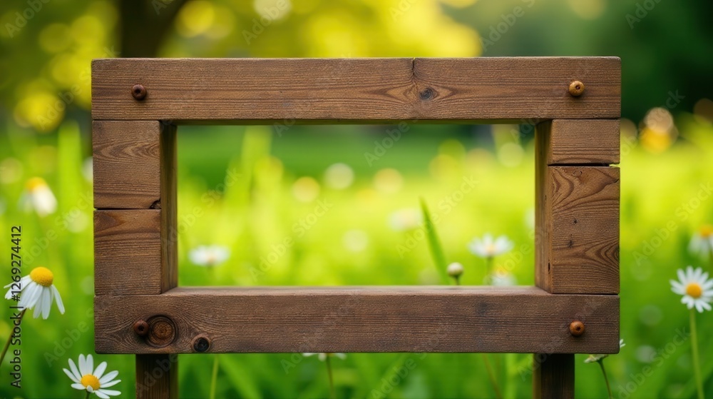 Poster Rustic Wooden Frame in a Serene Meadow Setting, Perfect for Displaying Your Message or Product