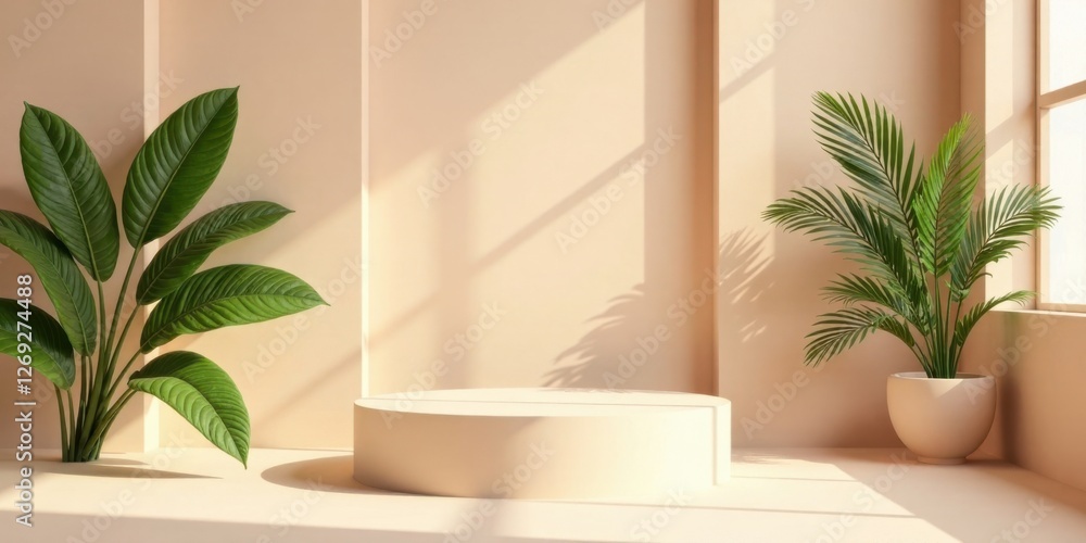 Aufkleber Serene Minimalist Interior Design with Neutral Tones and Lush Greenery Featuring an Elegant Circular Display Platform