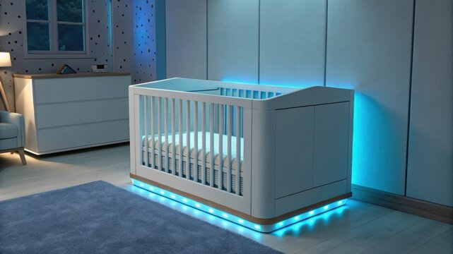 AI-assisted cribs and childcare. Modern nursery with a glowing crib and soft lighting, creating a calming atmosphere for a baby.