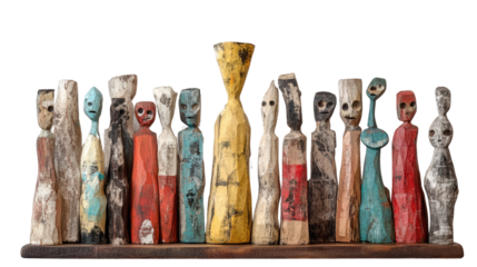 Abstract Wooden Statues: A collection of abstract wooden statues, each with a unique design and character, are arranged on a wooden shelf, offering a diverse display of artistic expression.
