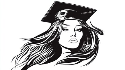 A woman graduate with long hair and a graduation cap, isolated on a white background