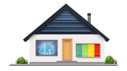 Eco-Friendly Home: A meticulously designed house featuring solar panels, energy-efficient windows, and a prominent energy rating label.