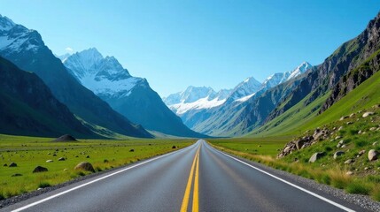 Naklejka premium Asphalt ribbon unwinding through a majestic mountain valley, a scenic drive towards snow-capped peaks under a vibrant sky