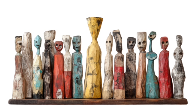 Abstract Wooden Statues: A collection of abstract wooden statues, each with a unique design and character, are arranged on a wooden shelf, offering a diverse display of artistic expression.