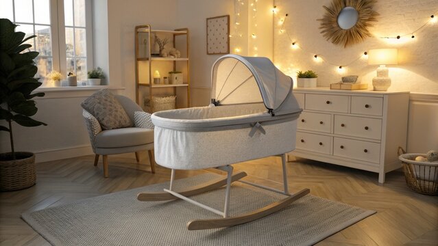 AI-assisted cribs and childcare. Cozy nursery with a rocking bassinet, soft lighting, and stylish decor elements.