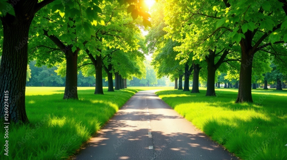 Poster sunlit pathway through lush green canopy of trees on a sunny day