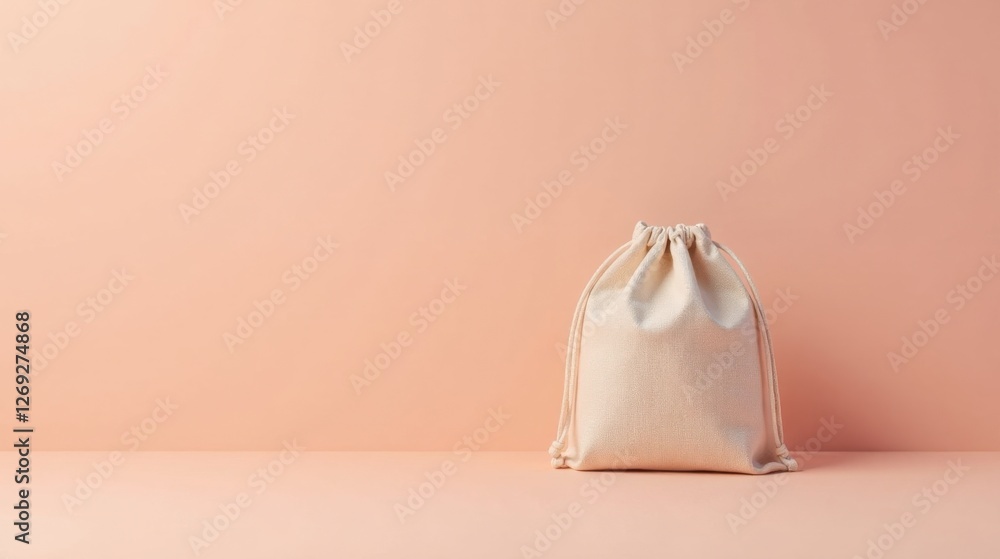 Poster a simple beige cotton drawstring bag on a soft peach background, ideal for product presentation and 