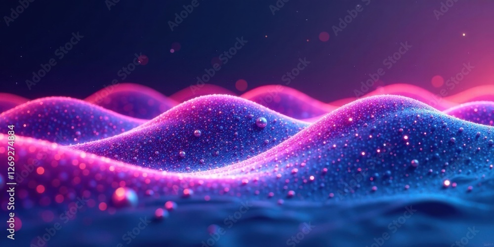 Poster abstract undulating surface with luminous droplets, a vibrant display of pink and blue hues, evoking