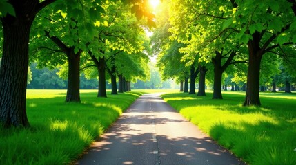 Obraz premium Sunlit Pathway Through Lush Green Canopy of Trees on a Sunny Day