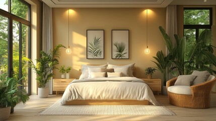 Sunlit bedroom, modern design, plants, large windows, tranquil scene, interior design