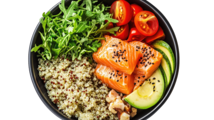 Salmon Bowl of Nutritious Goodness: A vibrant and healthy salmon bowl overflows with an array of fresh ingredients.