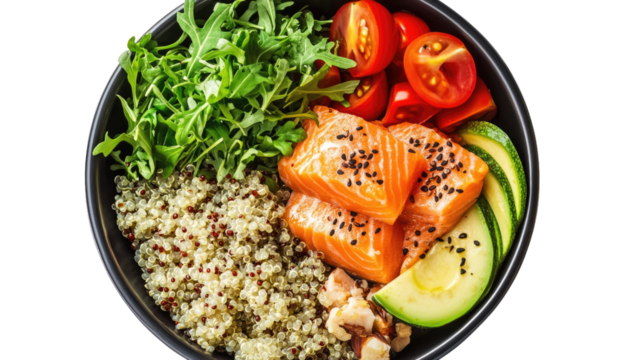 Salmon Bowl of Nutritious Goodness: A vibrant and healthy salmon bowl overflows with an array of fresh ingredients.