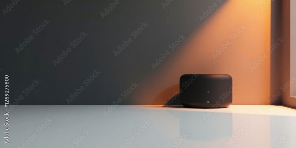 Poster sleek dark speaker in a minimalist room with warm lighting accentuating its shape and design