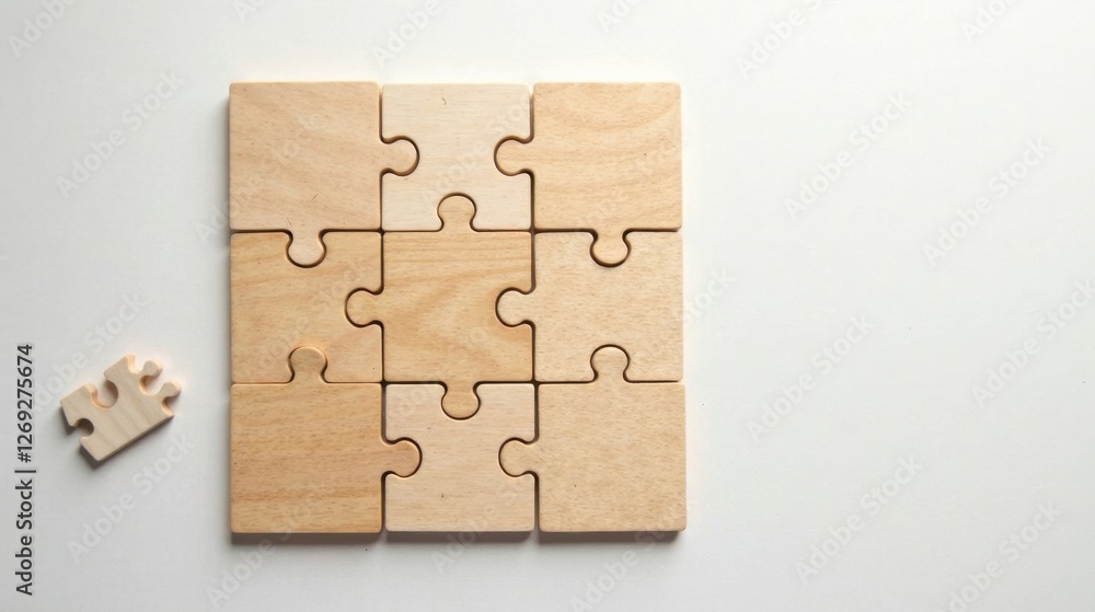Poster unassembled wooden jigsaw puzzle pieces on white background representing the concept of teamwork and
