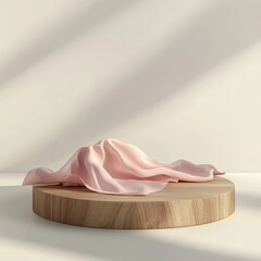 Wooden podium with a pink cloth on a white background. 3d rendering