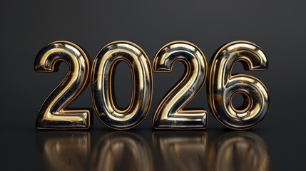 Metallic gold numbers 2026 shining against a dark background in a minimalist setting