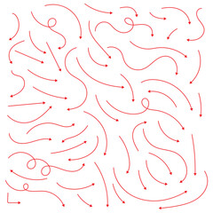 Hand drawn thin line arrows set. Many vector curvy and wavy arrows isolated on white background. Set of vector curved arrows hand drawn. Sketch doodle style. Set of hand drawn red curve arrow icon set