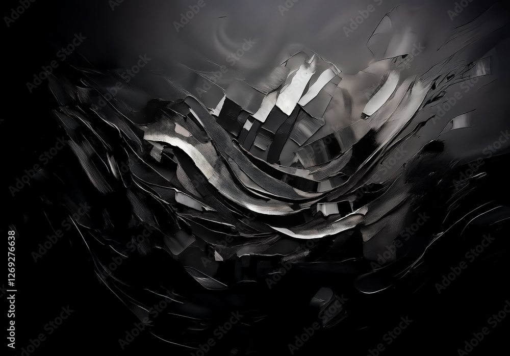 Poster dark abstract image featuring flowing silver metallic shapes against a black background. the artwork